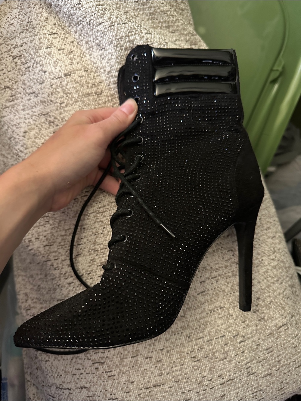 Black Rhinestone Lace-Up Stiletto Ankle  Booties Pair